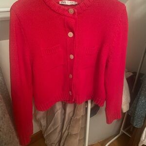 Zara Women's Red Button-Up Sweater